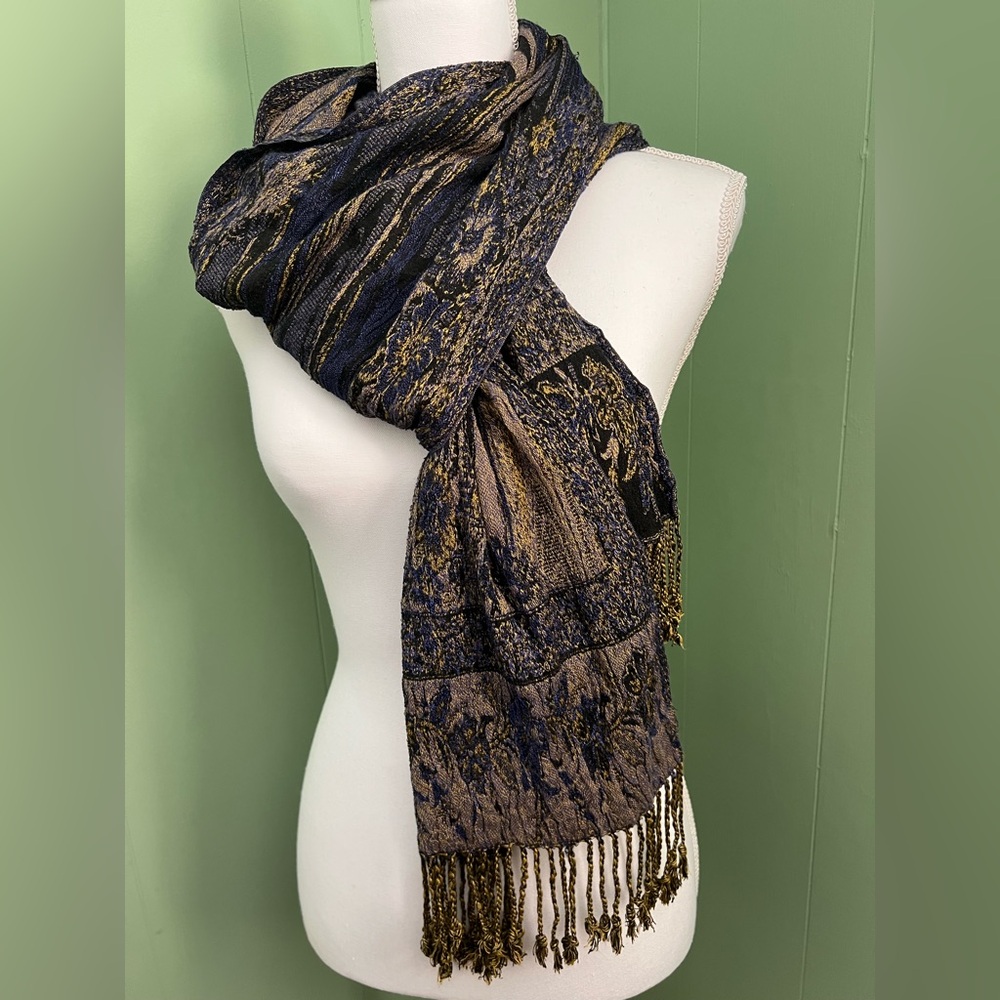 Rapti NWT Silk Blend Hand Made Elegant Blue and Gold Statement Scarf with Fringe